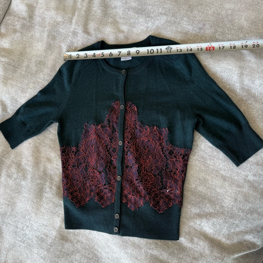 Carven Wool Cardigan Lace Panel Green Short Sleeve S - Picture 8 of 12